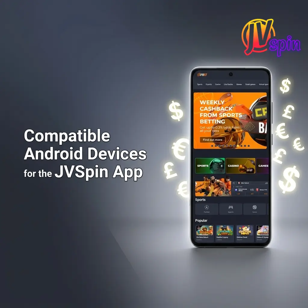 Compatible Android devices for JVSpin app including Samsung Galaxy, Google Pixel, OnePlus, and more