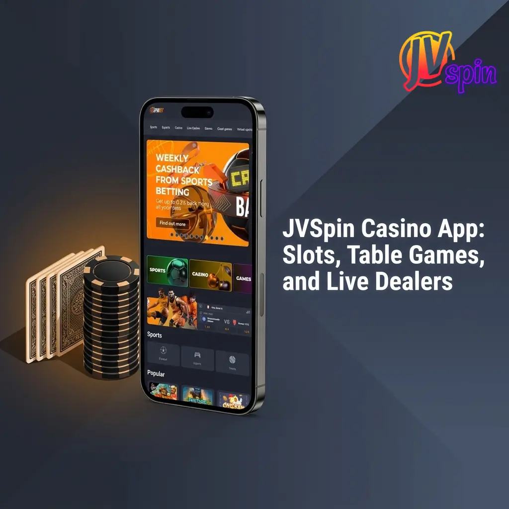 JVSpin casino app interface showing slots, live dealer games, and table games from top providers on mobile