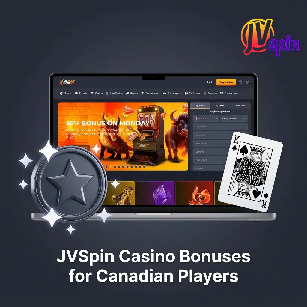 JVSpin Casino bonuses for Canadian players including welcome match, reload, free spins, and cashback offers