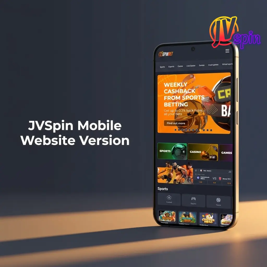 JVSpin mobile website interface on a smartphone showing casino games and sports betting options for Canadian players