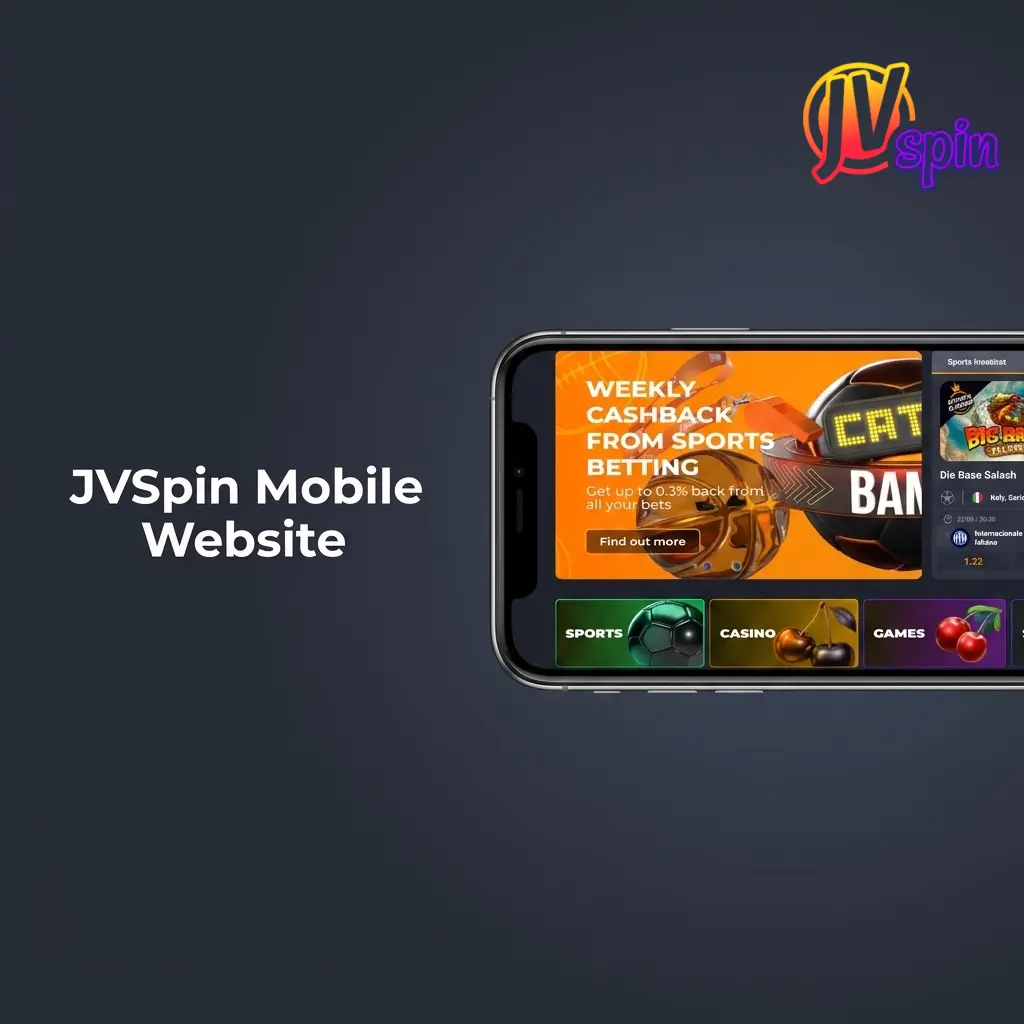 JVSpin mobile website interface displayed on a smartphone browser showing casino games and sportsbook options