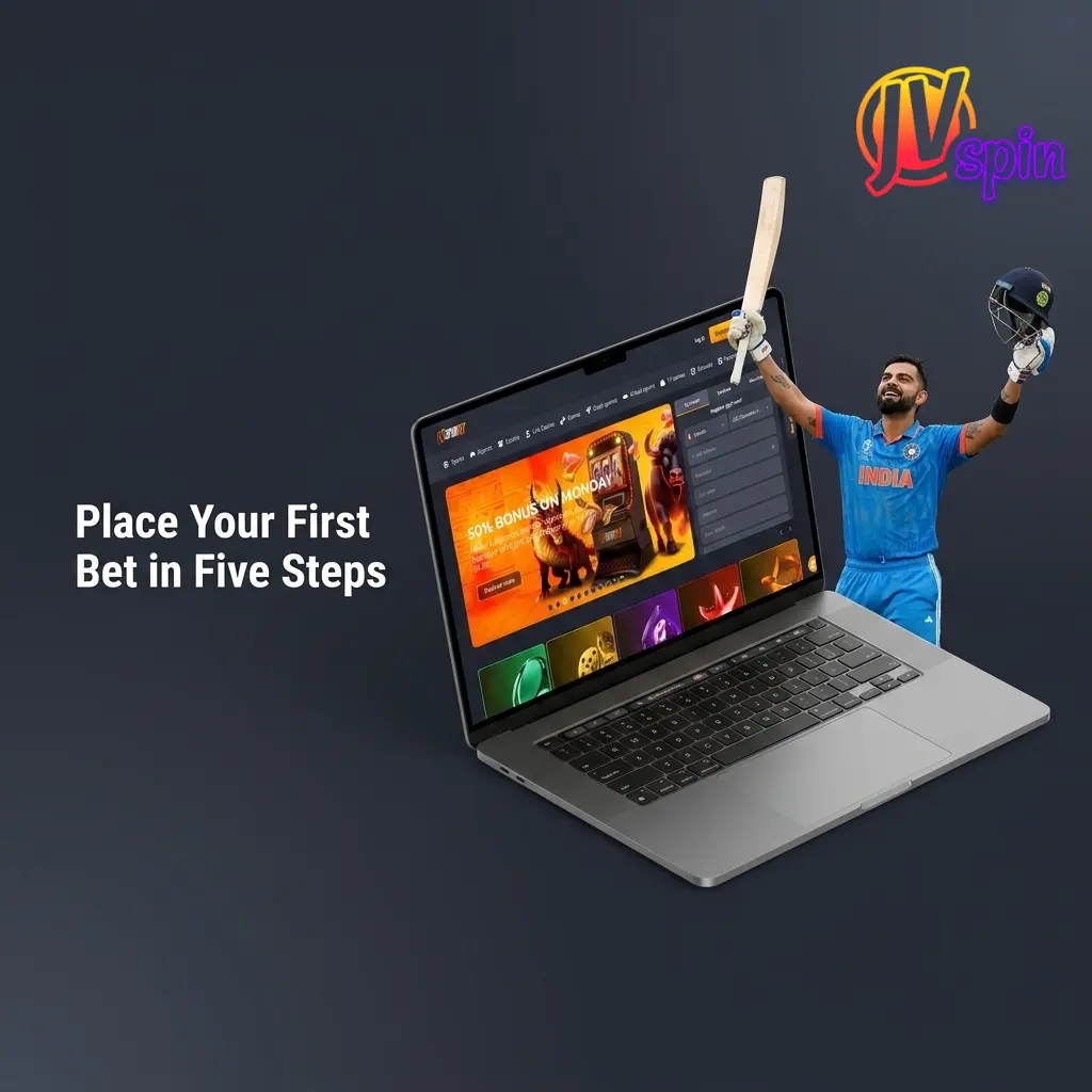 Step-by-step guide showing how to place your first bet on JVSpin in five easy steps from registration to confirmation
