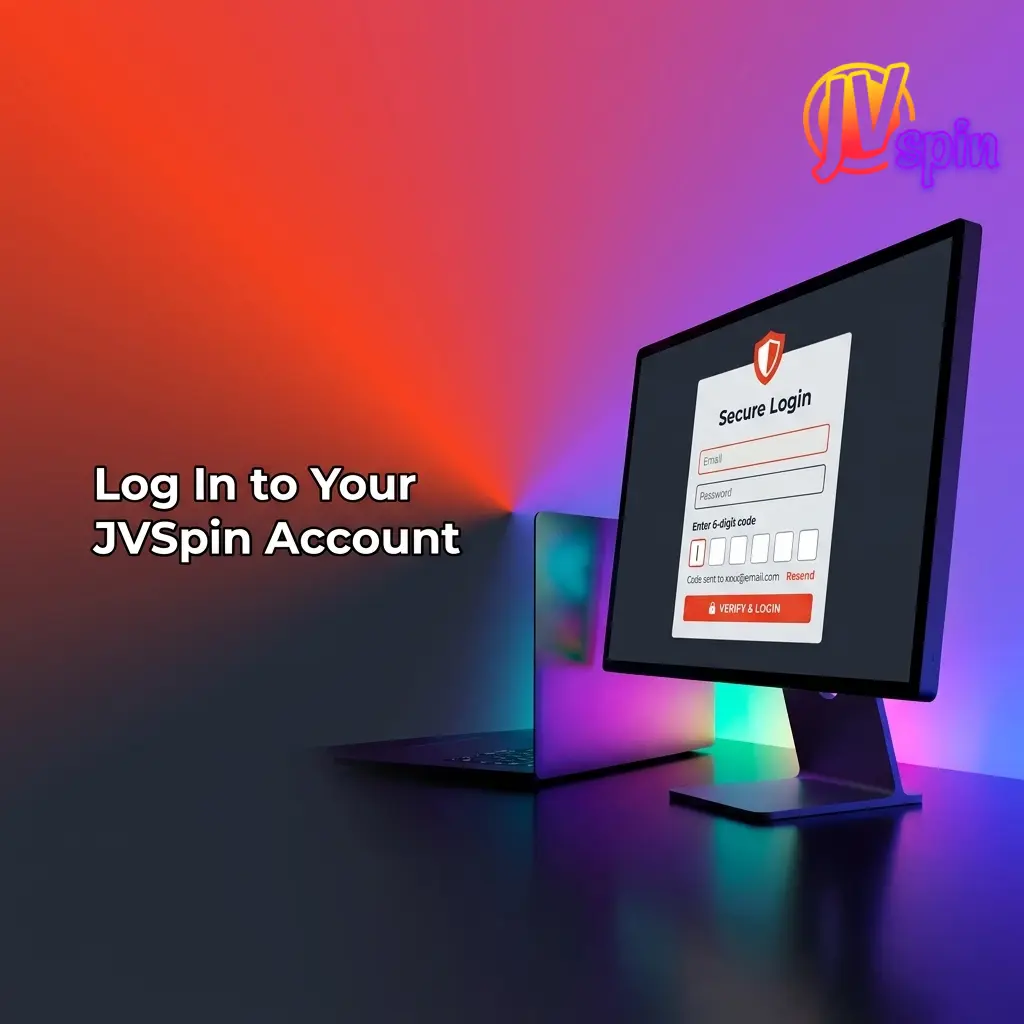 JVSpin account login form showing email, password fields, and two-factor authentication step for secure access