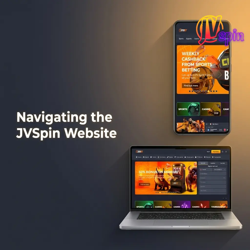 JVSpin website top navigation bar showing Sports, Live, Casino, and Promotions sections for Canadian players