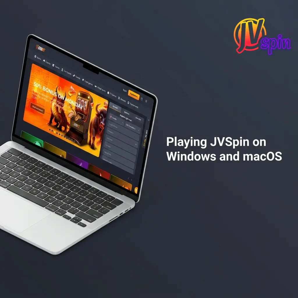JVSpin casino website open in a desktop browser on Windows or macOS, showing full game access with no download required