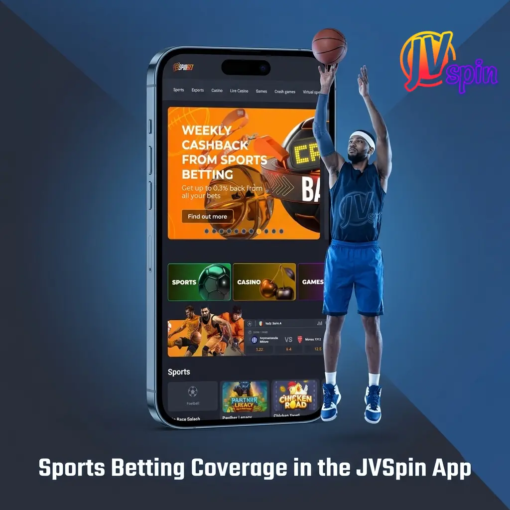 JVSpin app sports betting interface showing football, hockey, basketball, esports and more for live and pre-match wagering