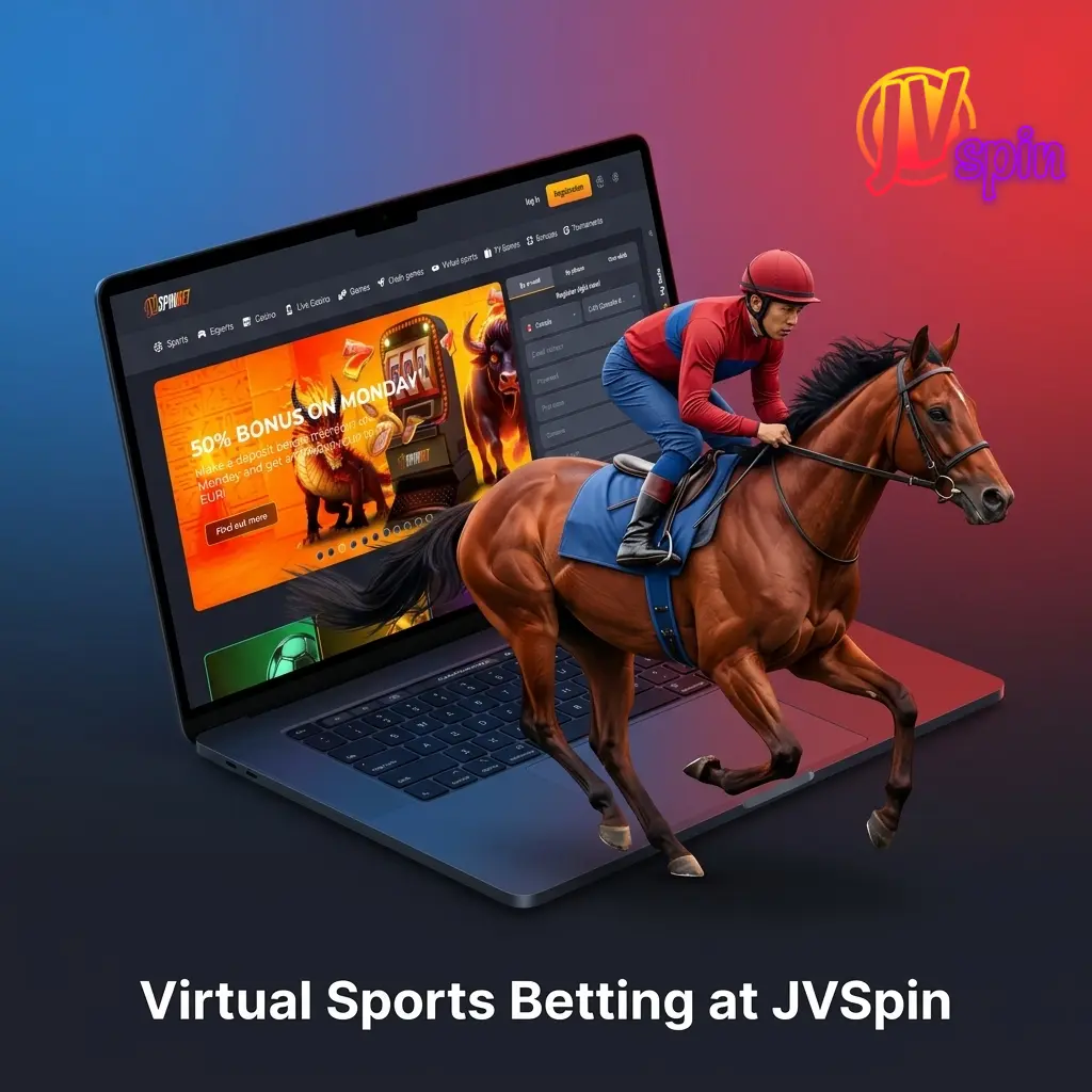 Virtual sports betting at JVSpin Canada featuring football, horse racing, greyhound racing, and tennis simulations available 24/7